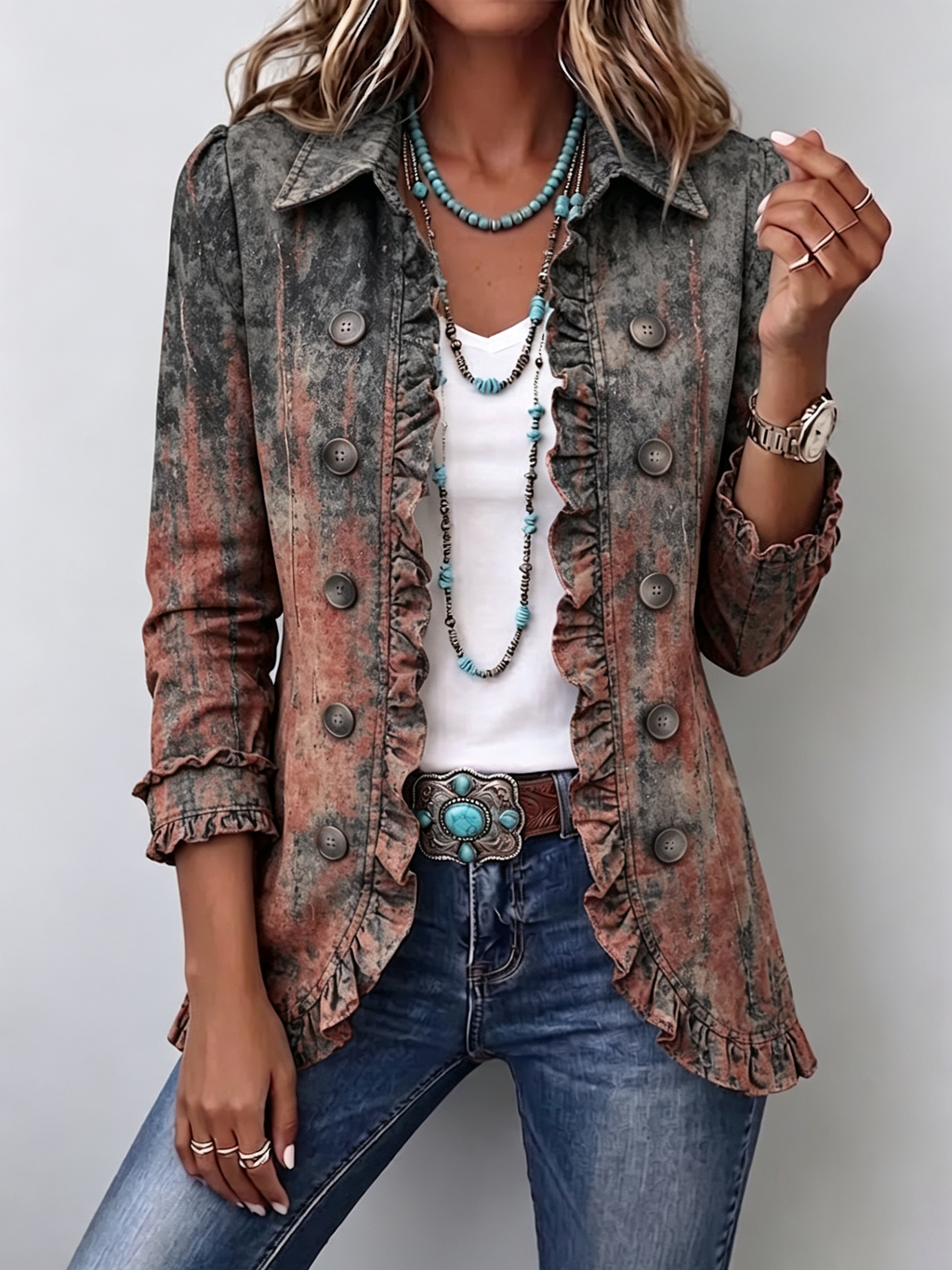 Vincenza | Textured Faded Jacket with Ruffles